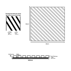 Square acoustic wall panel dimensions guide by Solid Furniture showing 600mm x 600mm size, slat spacing, thickness, and structure details for UK specification.