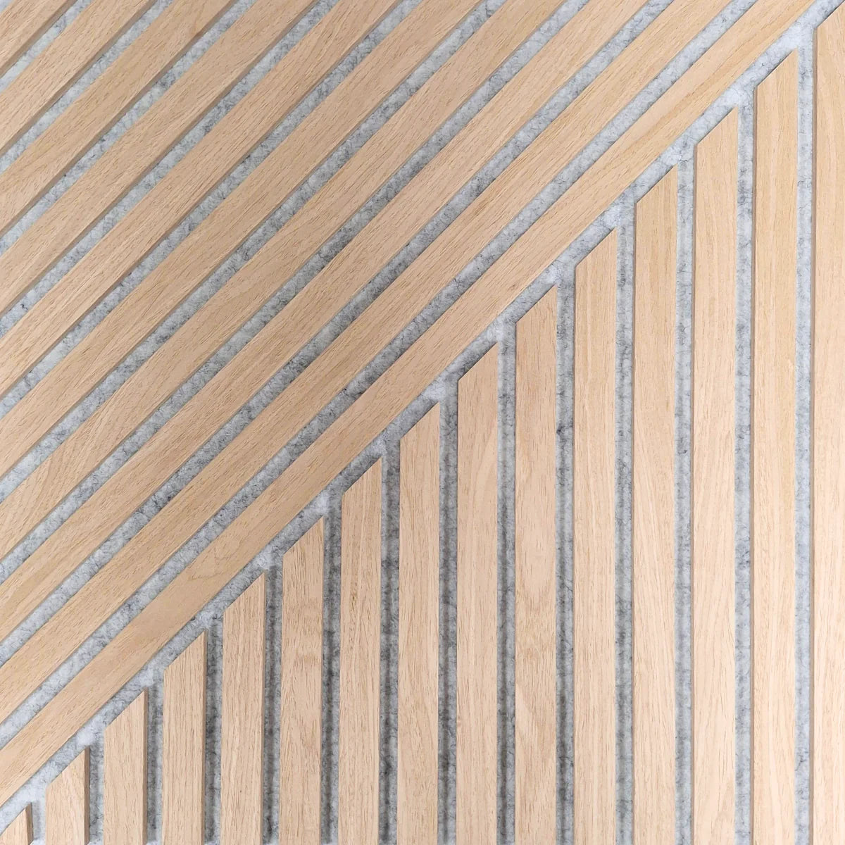 Full view of square 600x600mm acoustic wall panel by Solid Furniture UK in oak on grey felt designed for UK interiors with mixed slat pattern
