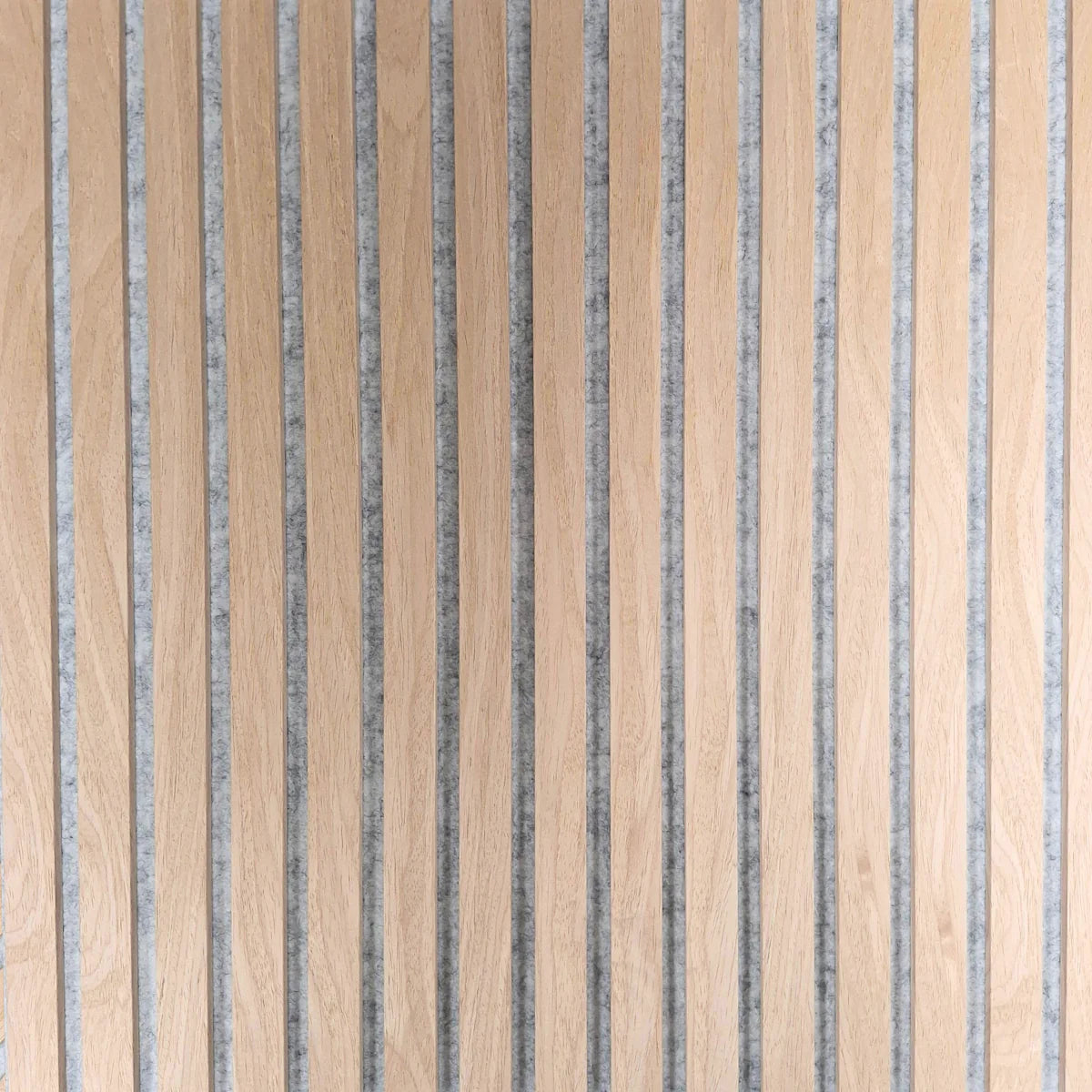 Individual square straight slat acoustic wall panel in oak veneer with grey felt backing from Solid Furniture UK designed for UK interiors showing premium finish and straight slat design.