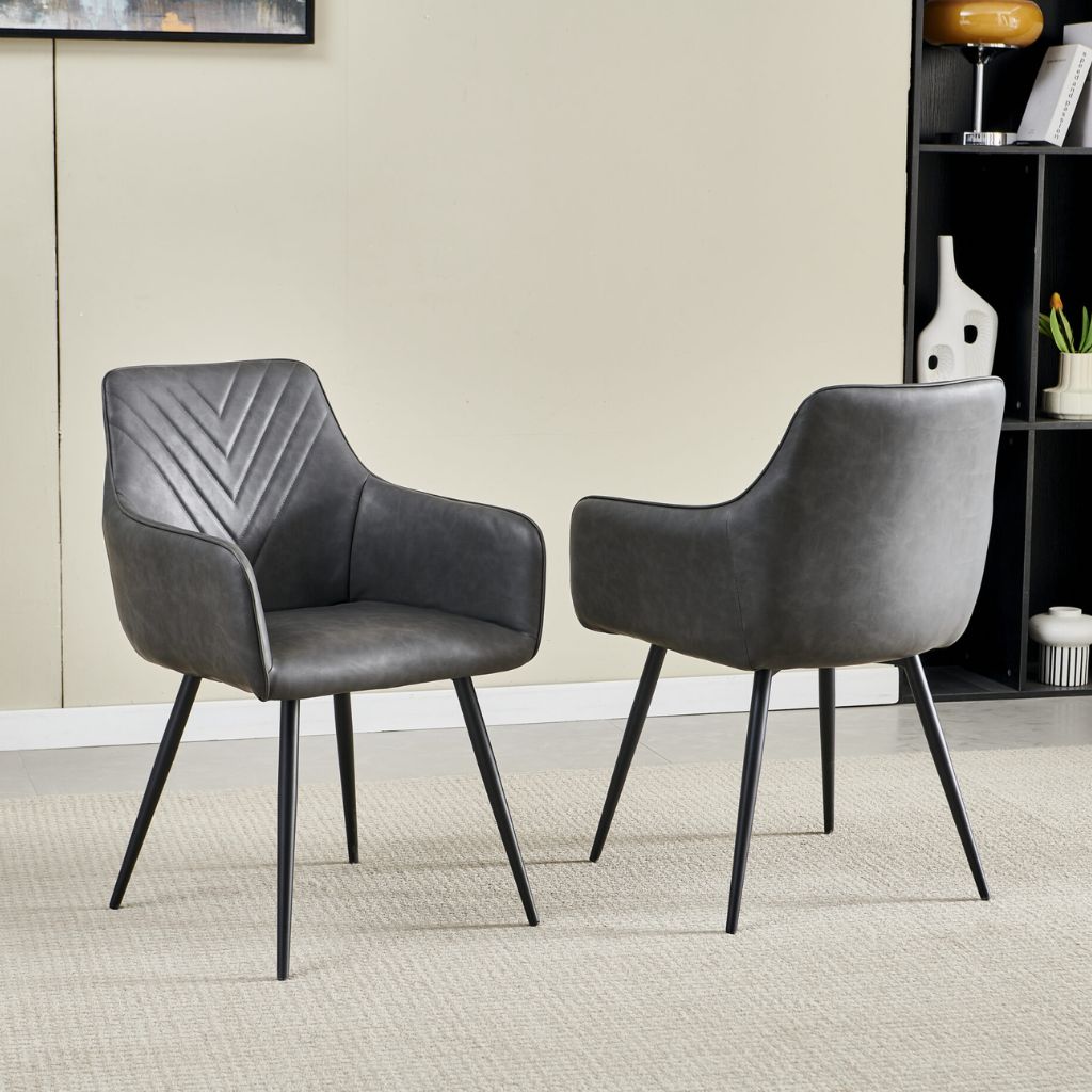 Front view of Stanford Grey Dining Chair set of 2 from Solid Furniture UK featuring modern grey leather-look upholstery with metal legs and contemporary design