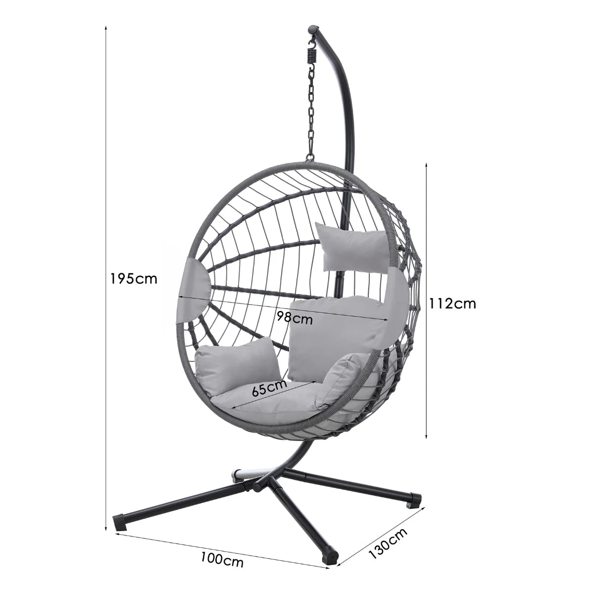 Stylish hanging egg chair dimensions showing overall height, base size, and seat measurements for indoor and outdoor living furniture setup in UK homes and gardens solid furniture UK