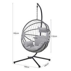 Stylish hanging egg chair dimensions showing overall height, base size, and seat measurements for indoor and outdoor living furniture setup in UK homes and gardens solid furniture UK