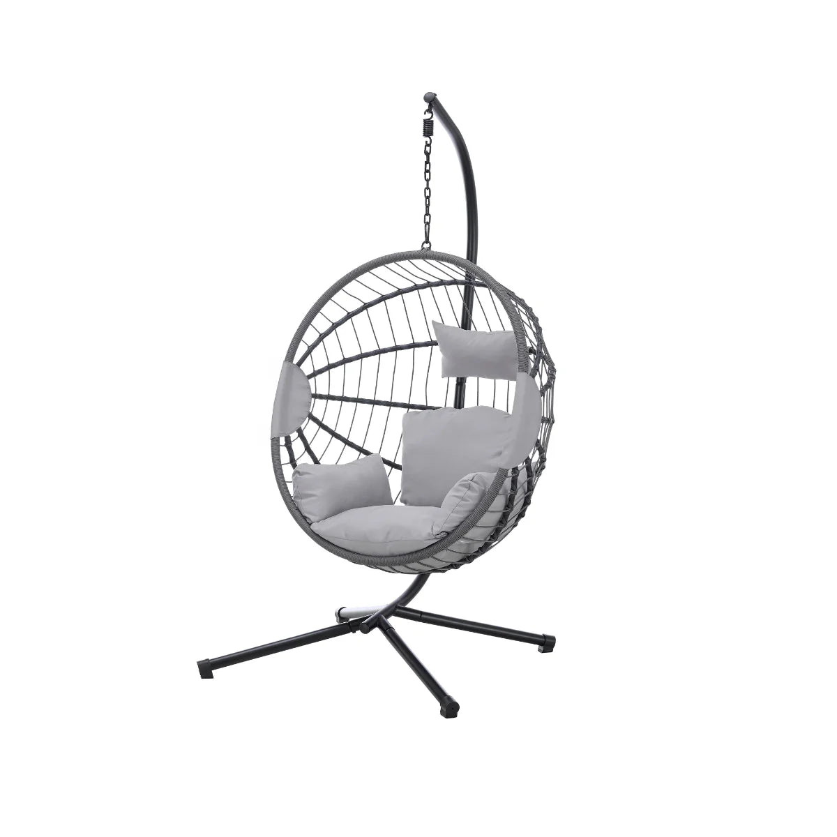 Stylish light grey hanging egg chair for indoor and outdoor living with cushioned seat and rattan frame solid furniture UK