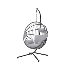 Stylish light grey hanging egg chair for indoor and outdoor living with cushioned seat and rattan frame solid furniture UK