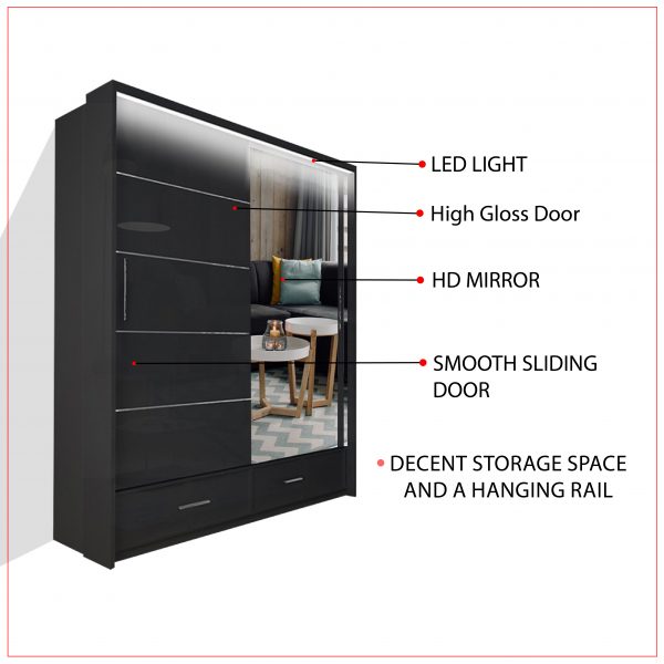 Close-up of SYCYLIA 150cm Sliding Wardrobe high-gloss MDF finish, sleek and easy to clean, modern bedroom furniture UK