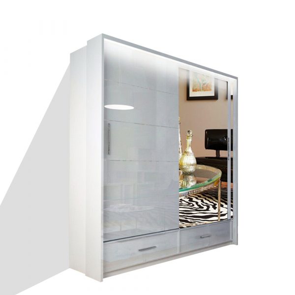 SYCYLIA 150cm Sliding Wardrobe with sliding doors open, showing shelves and hanging rails for clothes, shoes, and accessories in UK homes