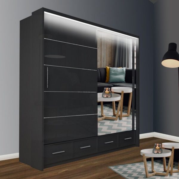 SYCYLIA 208cm Sliding Wardrobe with Full-Length Mirror – High Gloss in Black