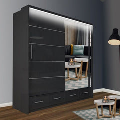 SYCYLIA 208cm Sliding Wardrobe with Full-Length Mirror – High Gloss in Black