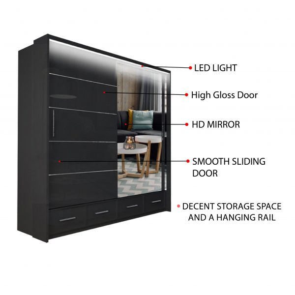 Close-up of SYCYLIA 208cm Sliding Wardrobe high-gloss MDF finish, sleek, modern, and easy-to-clean bedroom furniture UK