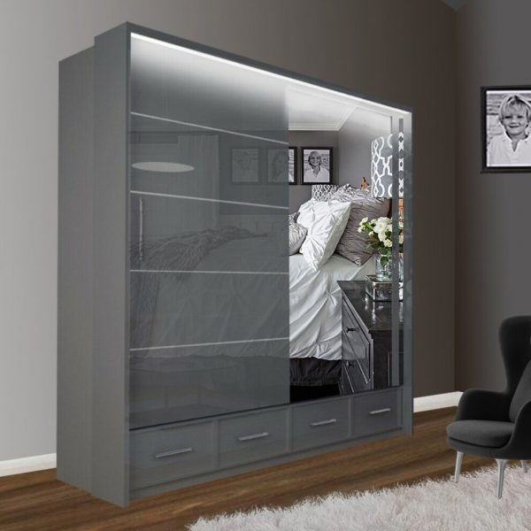 SYCYLIA 208cm Sliding Wardrobe with Full-Length Mirror – High Gloss in Grey
