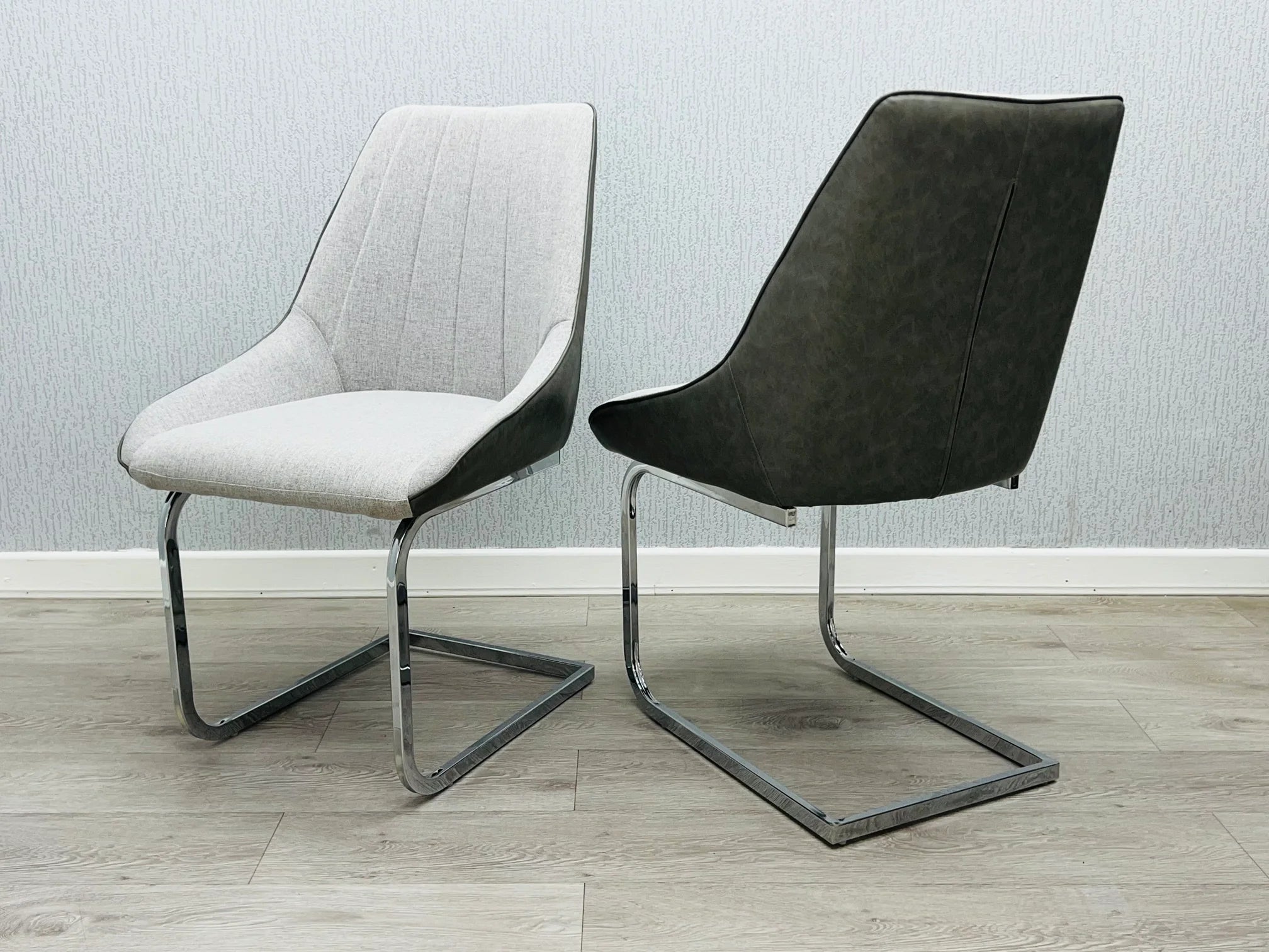 Tenerife dining chairs set of 2 in grey fabric with chrome frame showing front, side and back views from Solid Furniture UK