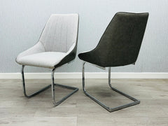 Tenerife dining chairs set of 2 in grey fabric with chrome frame showing front, side and back views from Solid Furniture UK