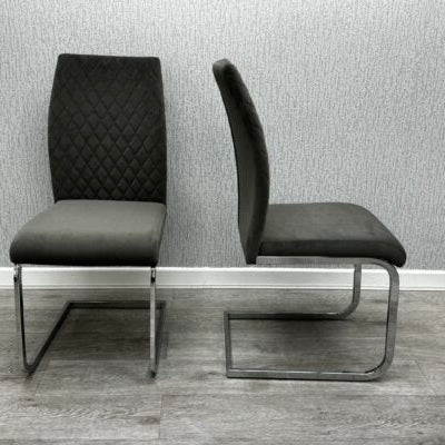 Pair of Tokyo dining chairs in plush grey fabric, modern dining chairs UK by Solid Furniture UK with elegant upholstered design