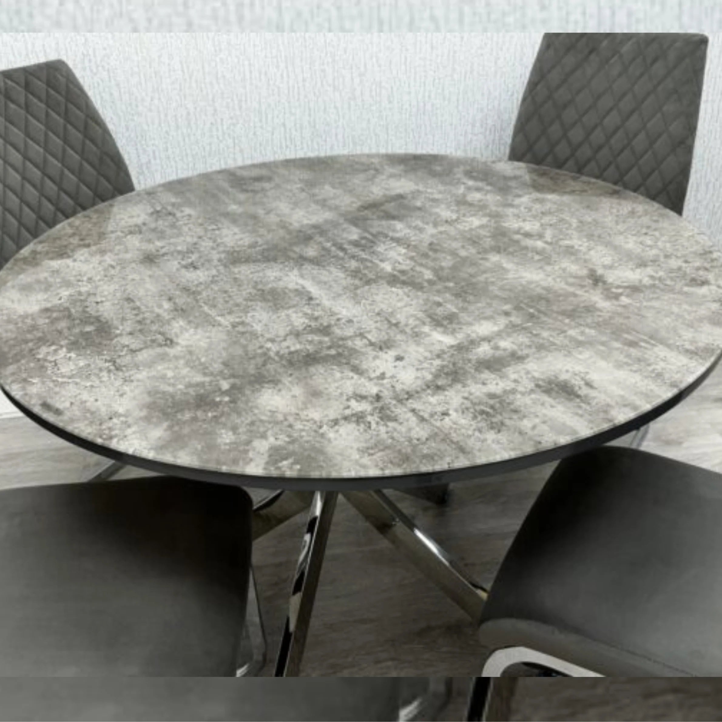 Tokyo Round Dining Table with Grey Stone Effect Glass Top and Chrome Base Paired with Dining Chairs | Solid Furniture UK