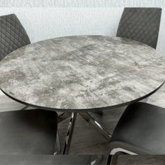 Tokyo Round Dining Table with Grey Stone Effect Glass Top and Chrome Base Paired with Dining Chairs | Solid Furniture UK