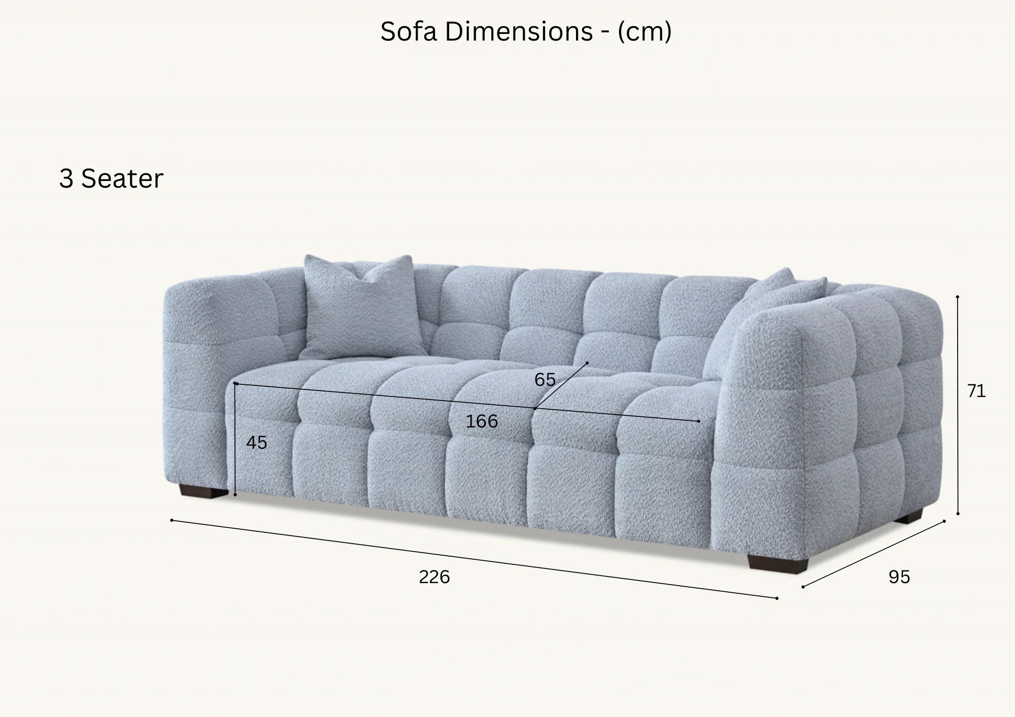 Dimensions of Tribeca 3 seater sofa in oatmeal boucle fabric solid furniture UK