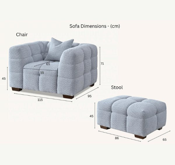 Tribeca accent chair and footstool dimensions diagram - SOLID FURNITURE LTD
