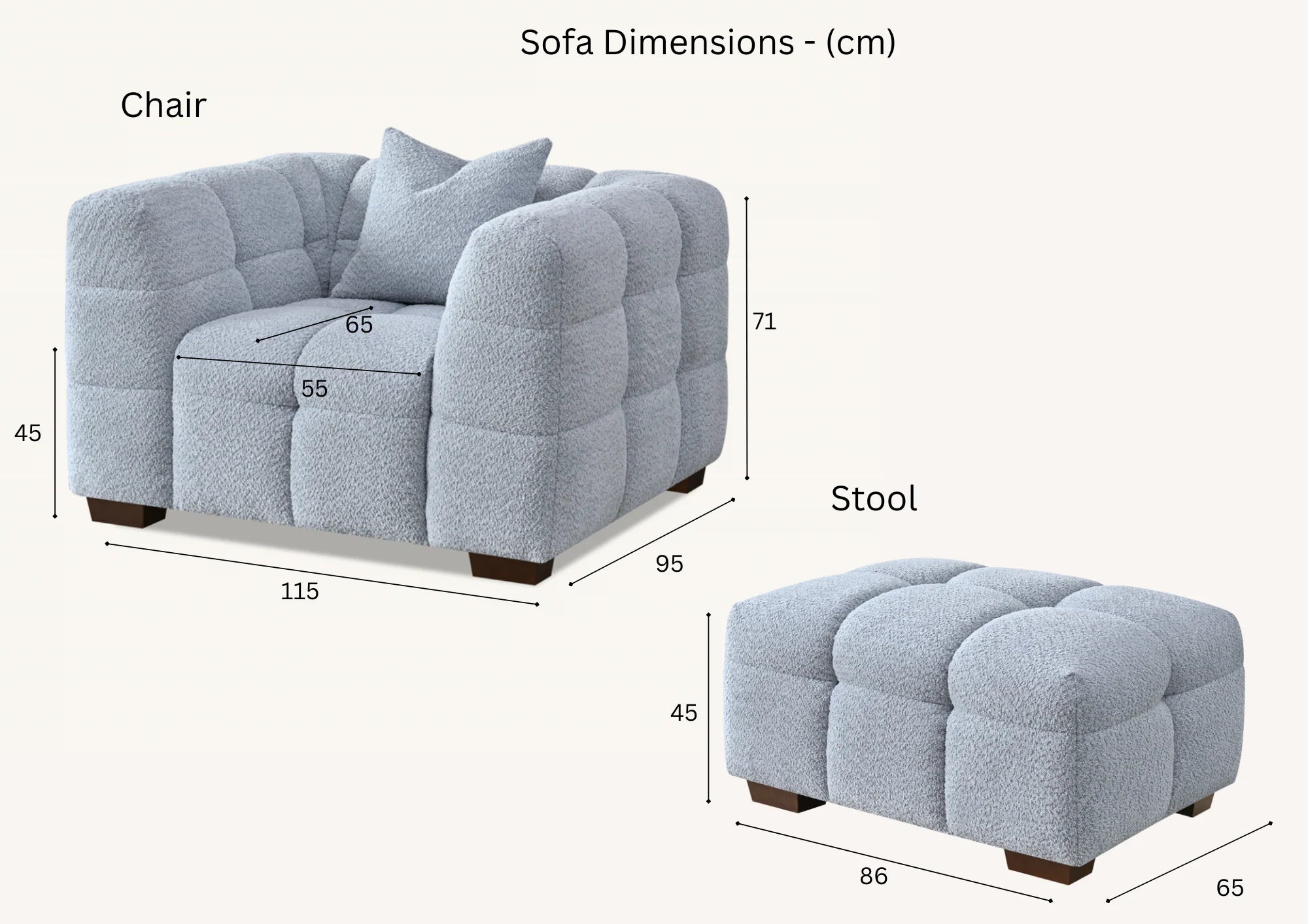 Dimensions of Tribeca accent chair and bubble footstool in oatmeal boucle fabric solid furniture UK
