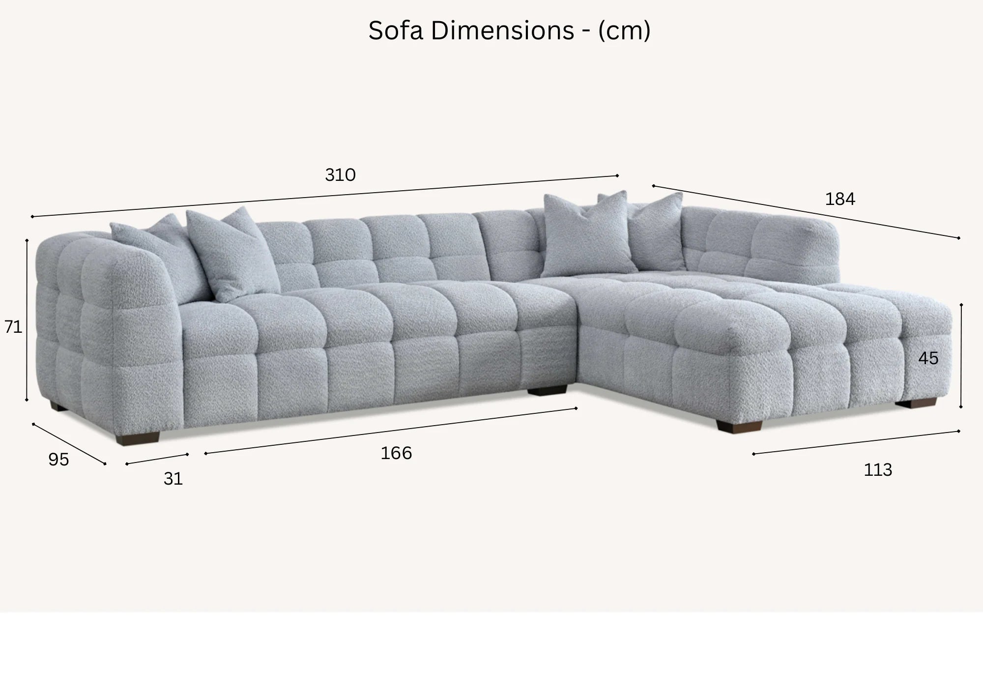 Tribeca Corner Group sofa with dimensions labeled: width 310 cm, depth 184 cm, height 71 cm, seat height 45 cm, chaise and footstool sizes included solid furniture UK