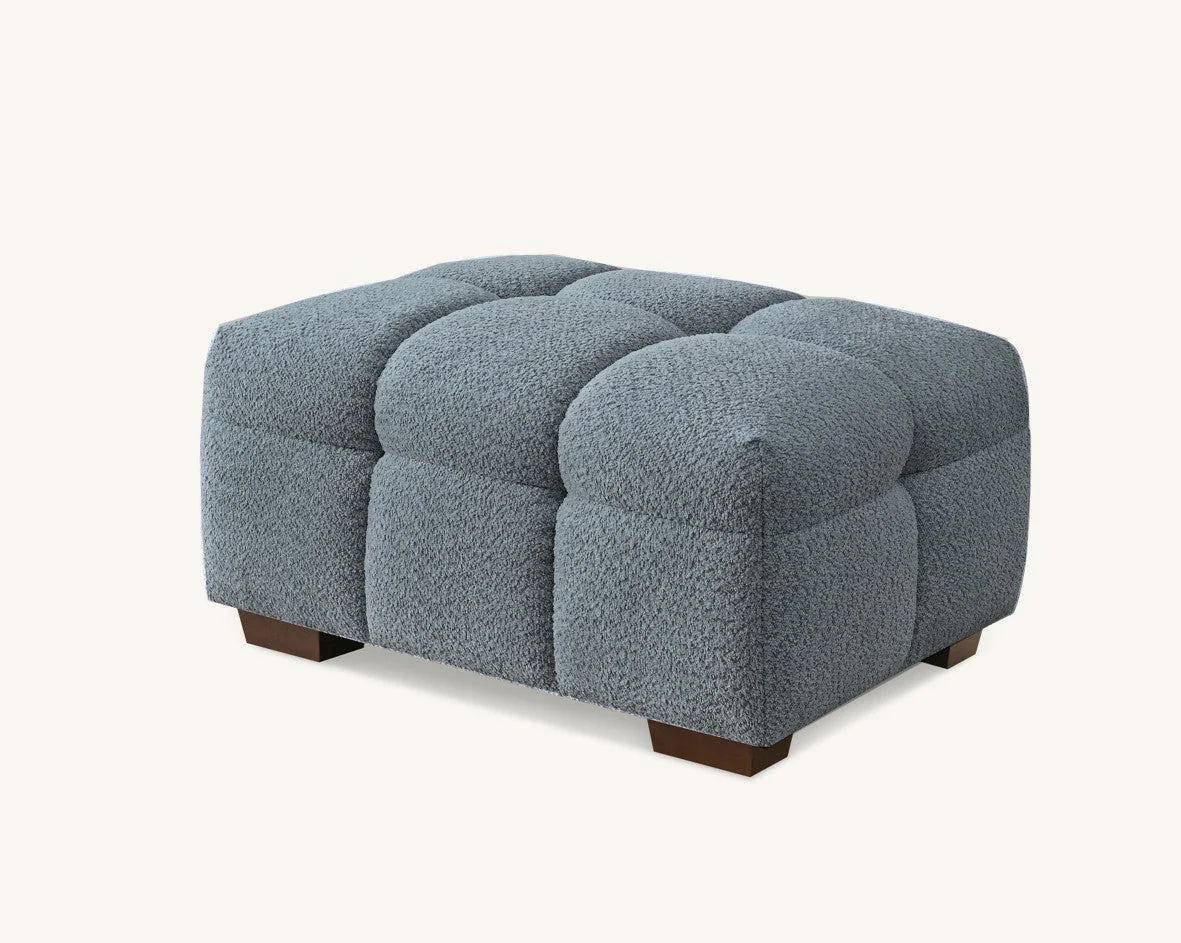 Matching footstool of the Tribeca Corner Group set in iron bouclé fabric, complementing the corner sofa and chaise solid furniture UK