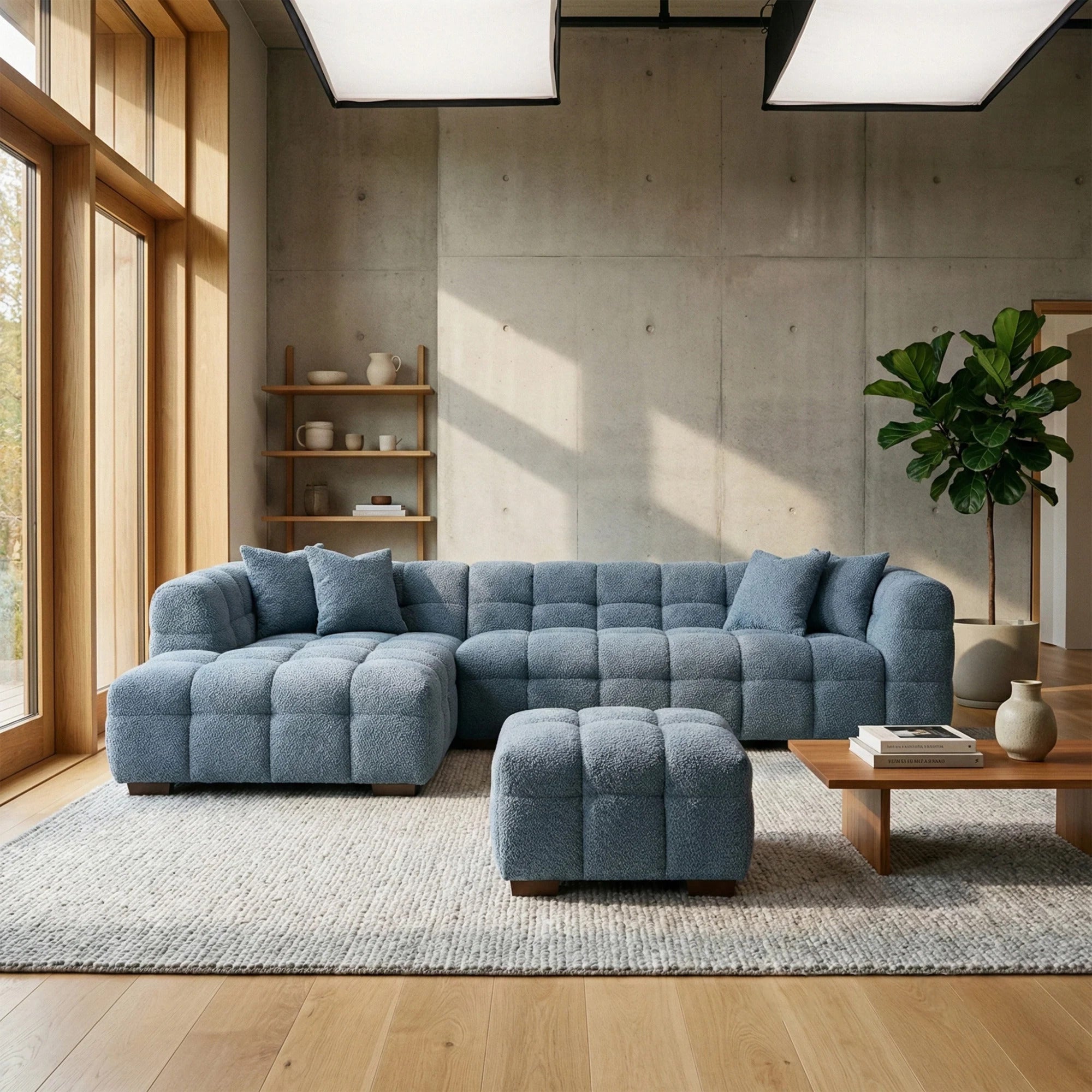 Tribeca Corner Group modern iron bouclé corner sofa in left-hand configuration, showing chaise on the left and spacious seating for a contemporary living room solid furniture UK