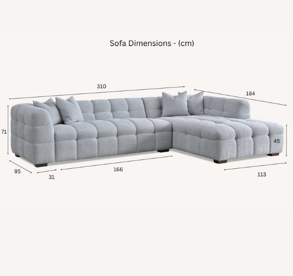 Dimensions of Tribeca RHF corner sofa in oatmeal bouclé – length 310 cm, depth 184 cm, height 71 cm - SOLID FURNITURE LTD