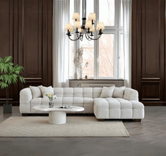 Front view of Tribeca RHF corner sofa in oatmeal bouclé with plush seat cushions solid furniture uk