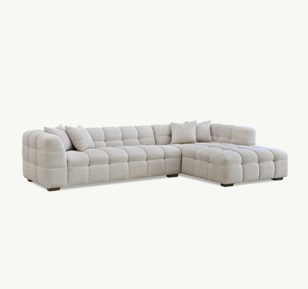 Front view of Tribeca RHF corner sofa in oatmeal bouclé with plush seat cushions - SOLID FURNITURE LTD