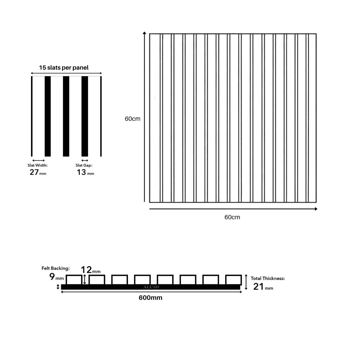 Technical dimension diagram of UK square acoustic wall panel from Solid Furniture UK showing 600mm by 600mm size, 21mm thickness, slat spacing, and panel construction details.