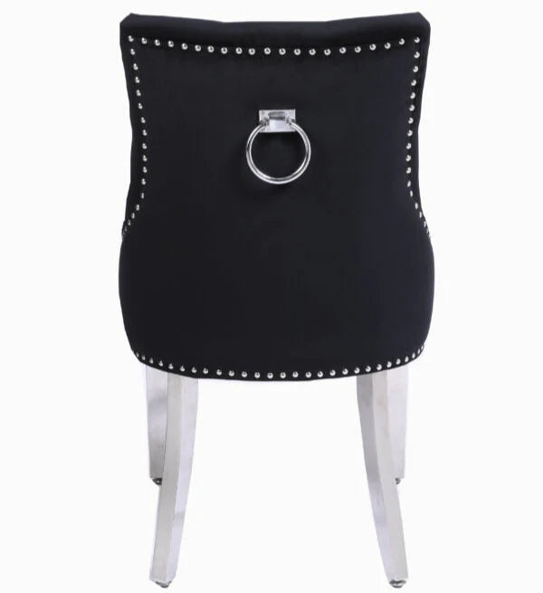 Valencia Black PU Leather Dining Chair UK with ring knocker back view from Solid Furniture UK