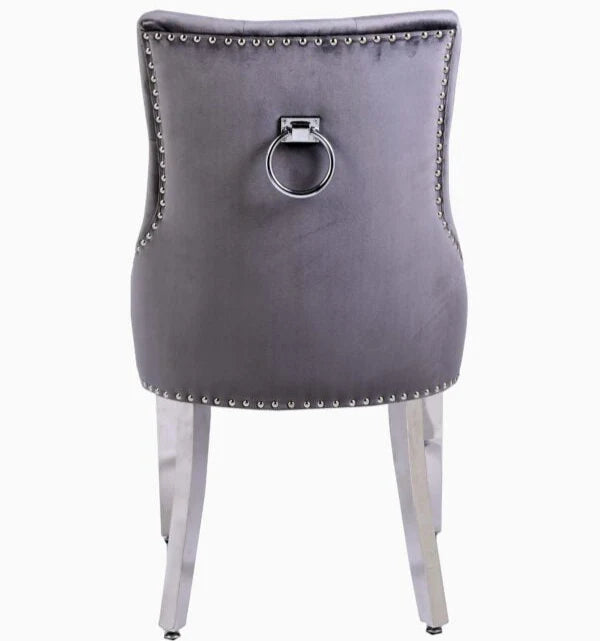 Valencia Dark Grey PU Leather Dining Chair UK with ring knocker back view from Solid Furniture UK