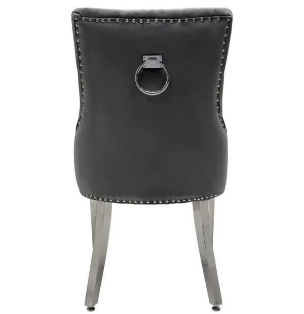 Valencia Hudson Grey PU Leather Dining Chair UK with ring knocker back view from Solid Furniture UK