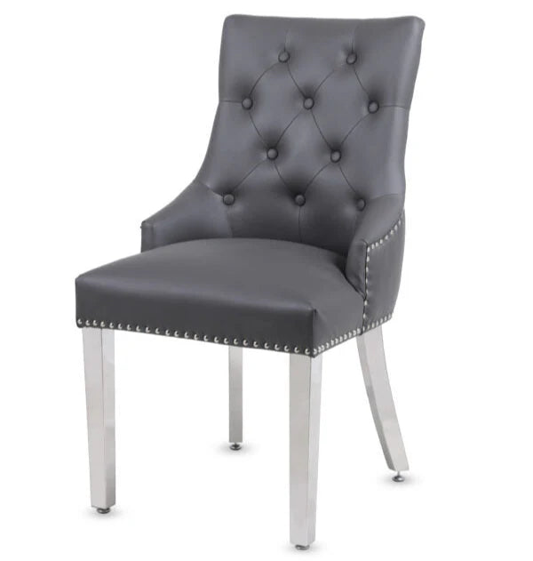 Valencia Hudson Grey PU Leather Dining Chair UK with chrome legs front view from Solid Furniture UK