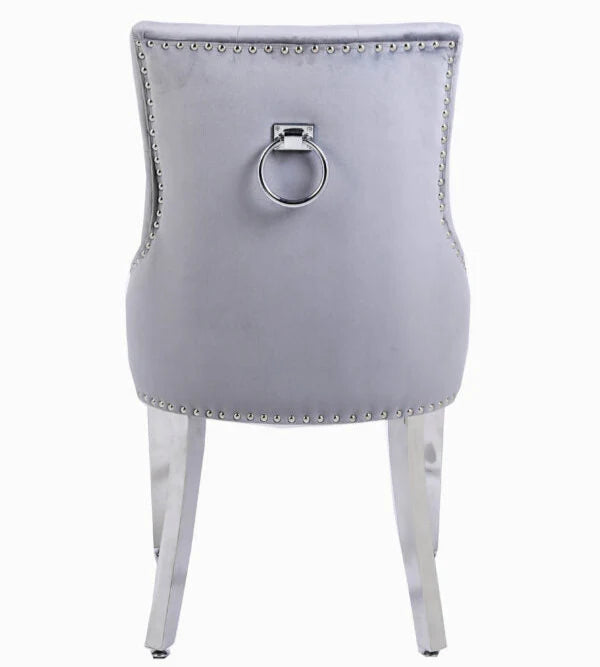 Valencia Light Grey PU Leather Dining Chair UK with ring knocker back view from Solid Furniture UK