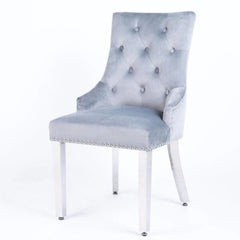 Valencia Light Grey PU Leather Dining Chair UK with chrome legs front view from Solid Furniture UK