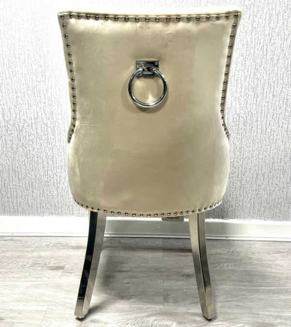 Valencia Mink PU Leather Dining Chair UK with ring knocker back view from Solid Furniture UK