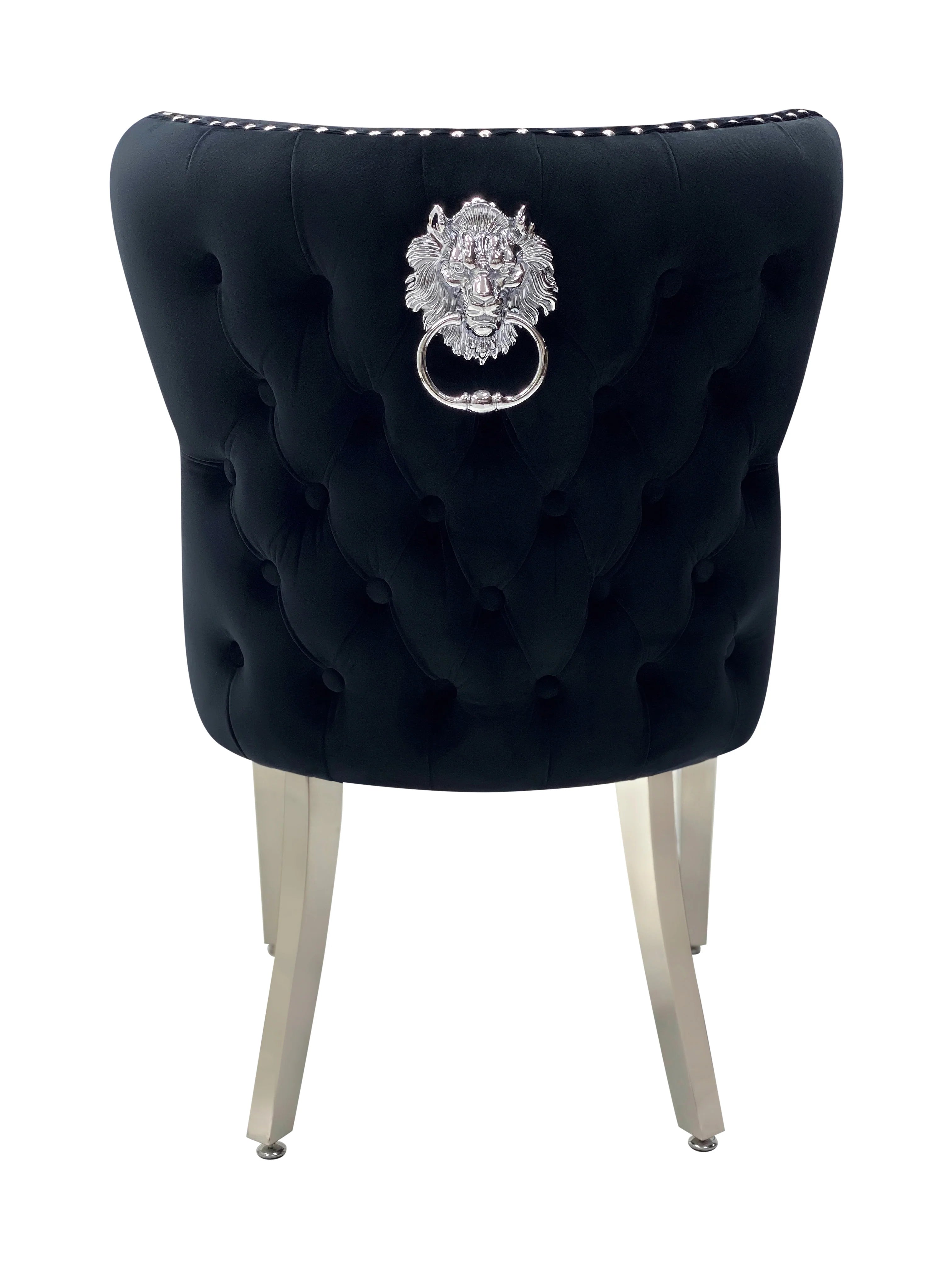 Solid Furniture UK back view of black Valentino velvet dining chair with chrome legs and lion knocker