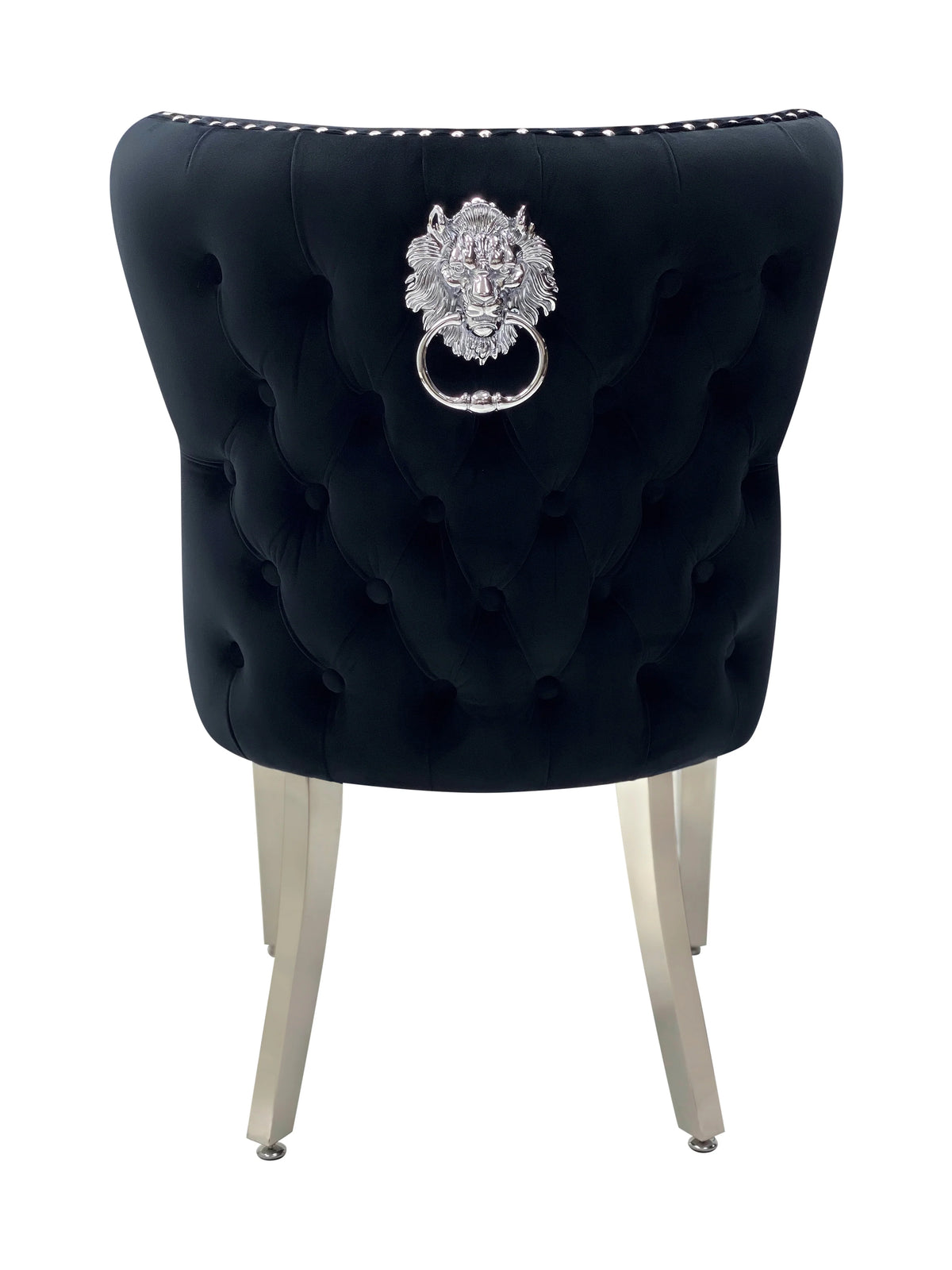 Solid Furniture UK back view of black Valentino velvet dining chair with chrome legs and lion knocker