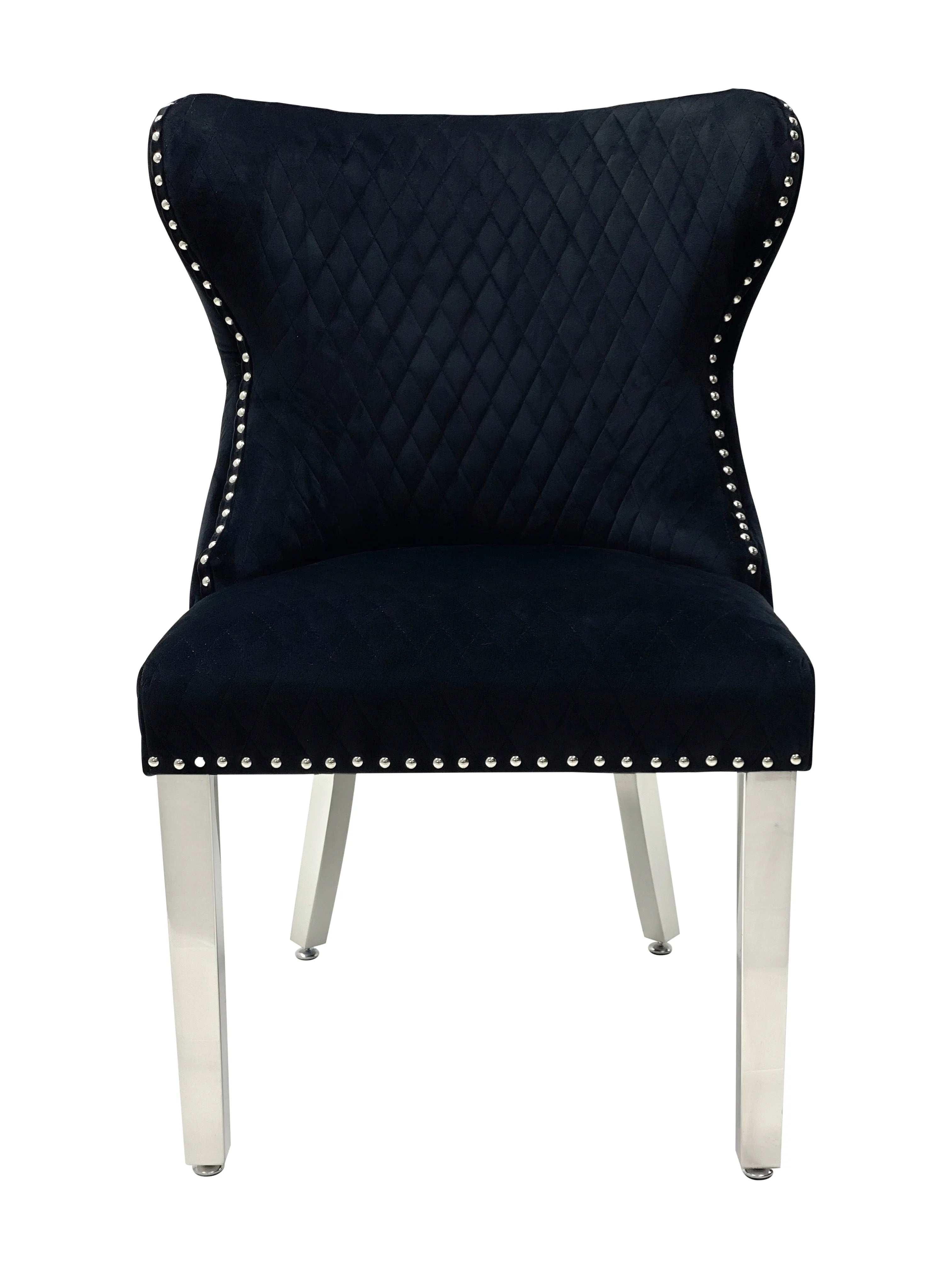 Solid Furniture UK black Valentino velvet dining chair with chrome legs and lion knocker – main view