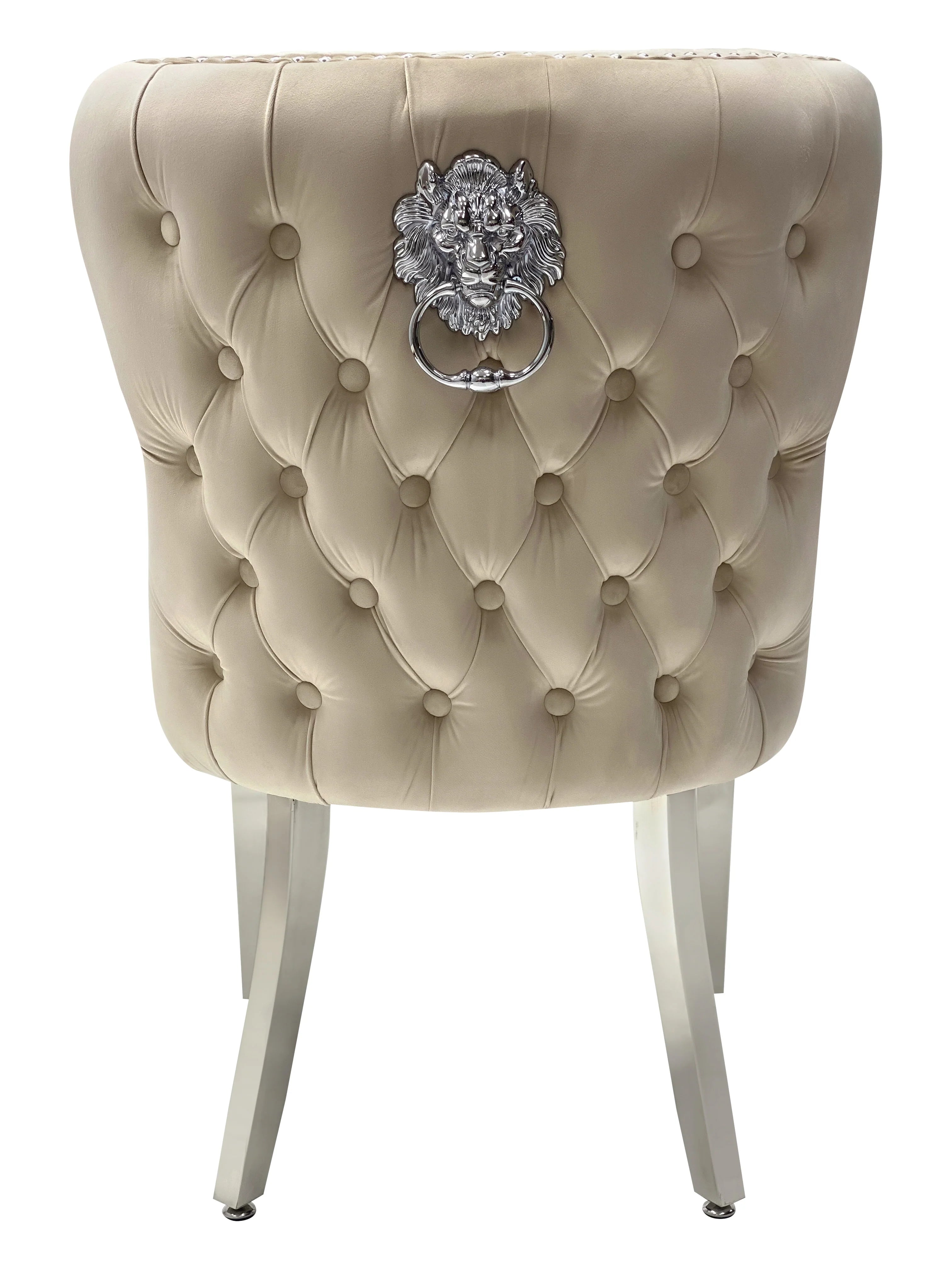 Solid Furniture UK back view of mink Valentino velvet dining chair with chrome legs and lion knocker