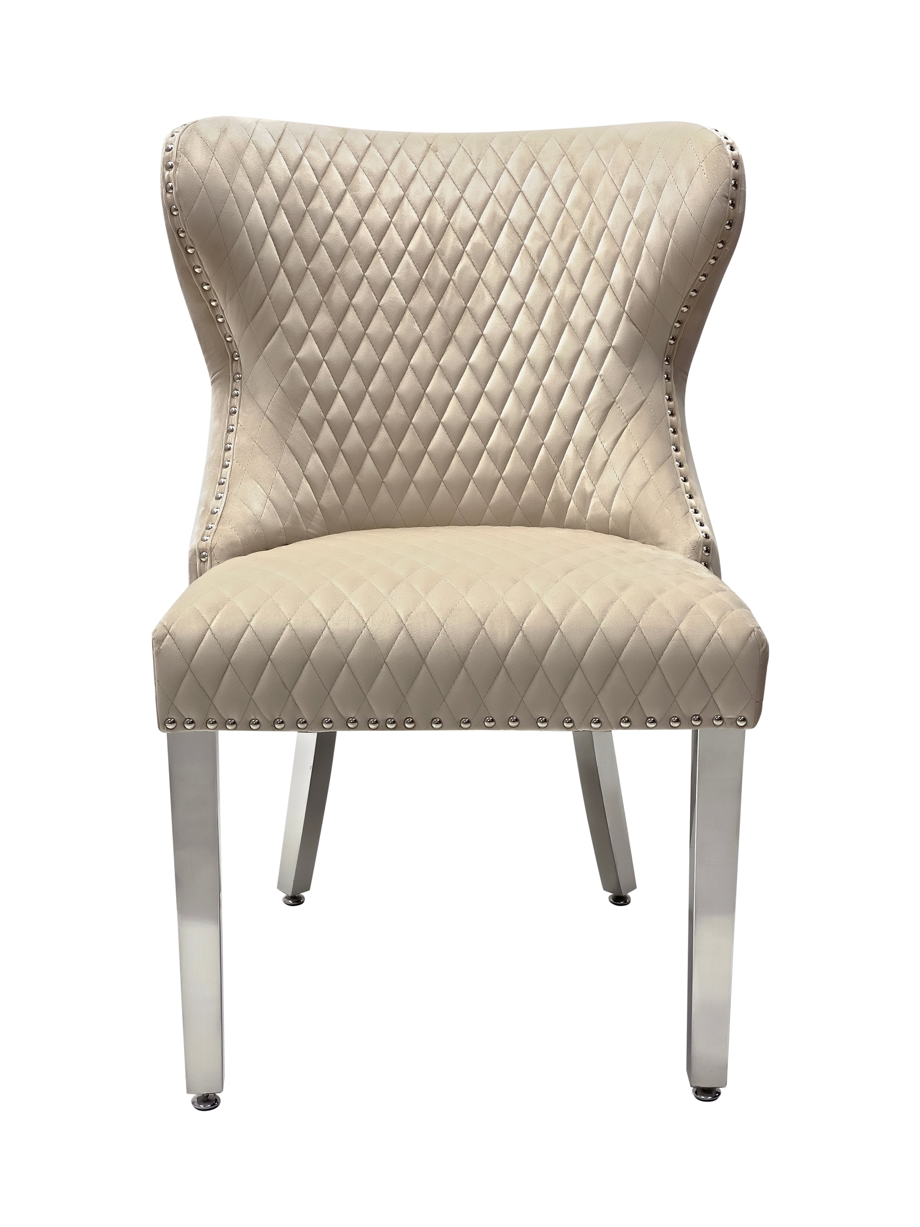 Solid Furniture UK mink Valentino velvet dining chair with chrome legs and lion knocker – main view