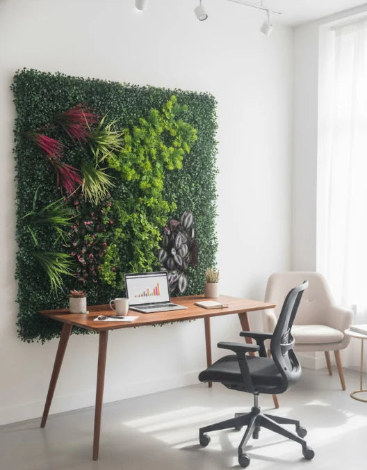 Verde Artificial Green Wall Tiles 1m x 1m pack of 2 by Solid Furniture LTD installed on a feature wall, showing dense, realistic greenery and vibrant texture for a modern interior or commercial space