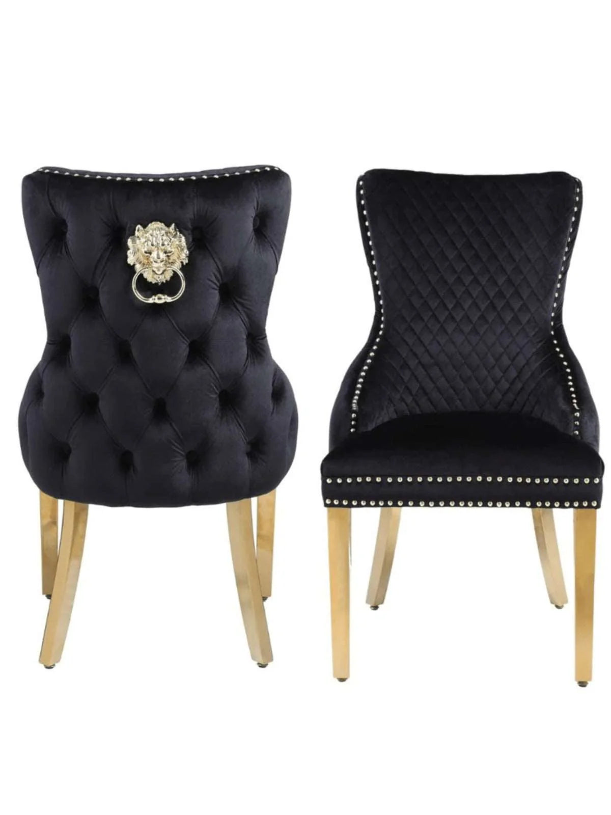 Victoria Dining Chair Black and Gold pair view Lion Knocker Luxury Dining Chairs Set of 2 UK from Solid Furniture UK