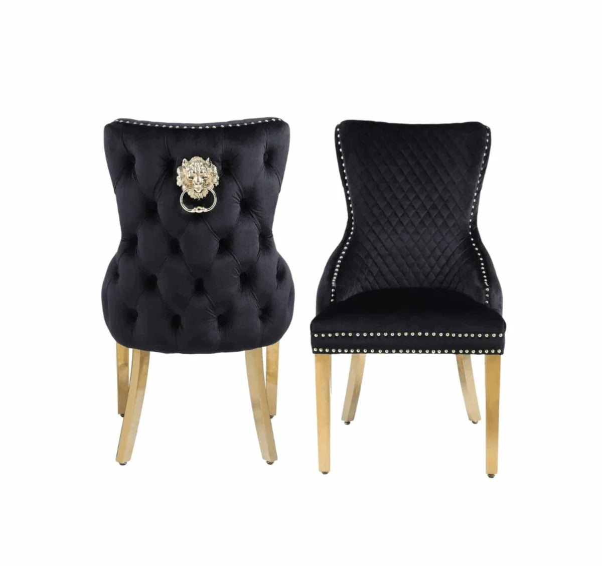 Pair of Victoria gold and black dining chairs Solid Furniture UK modern velvet dining chairs with luxury finish