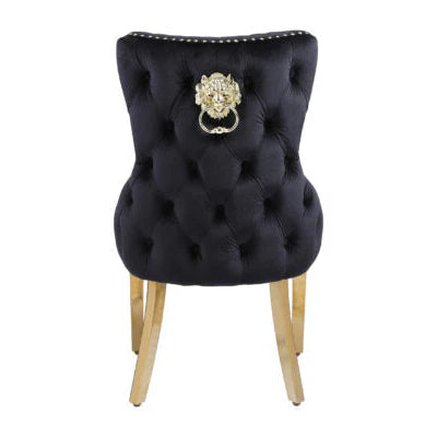Victoria lion knocker chair black and gold back view from Solid Furniture UK, luxury upholstered dining chair with lion knocker detail