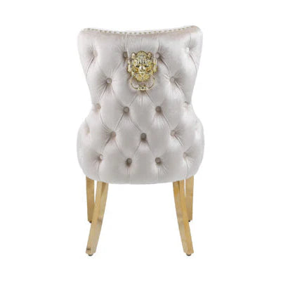 Victoria lion knocker chair cream and gold back view from Solid Furniture UK, elegant upholstered dining chair with lion knocker design