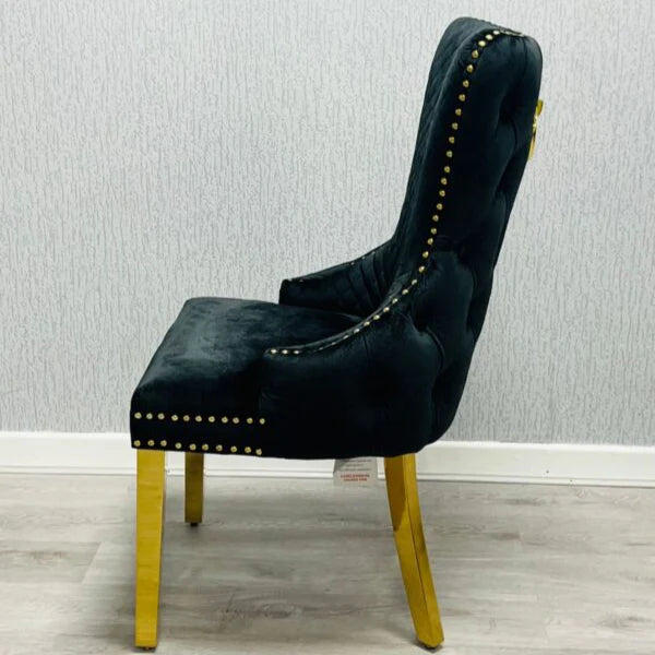 Black and gold Victoria ring knocker dining chair side view velvet luxury chair Solid Furniture UK