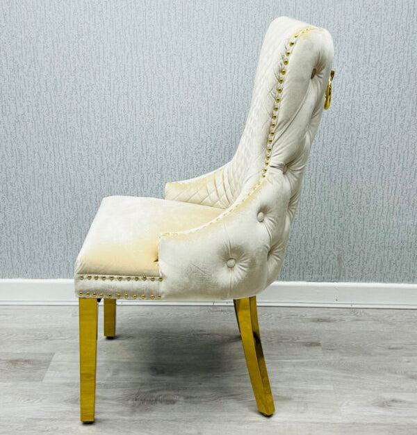 Victoria ring knocker dining chair cream and gold back view luxury velvet dining chair Solid Furniture UK