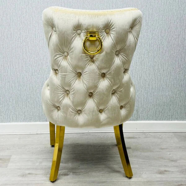 Victoria ring knocker chair cream and gold back view from Solid Furniture UK, elegant upholstered dining chair with knocker back design
