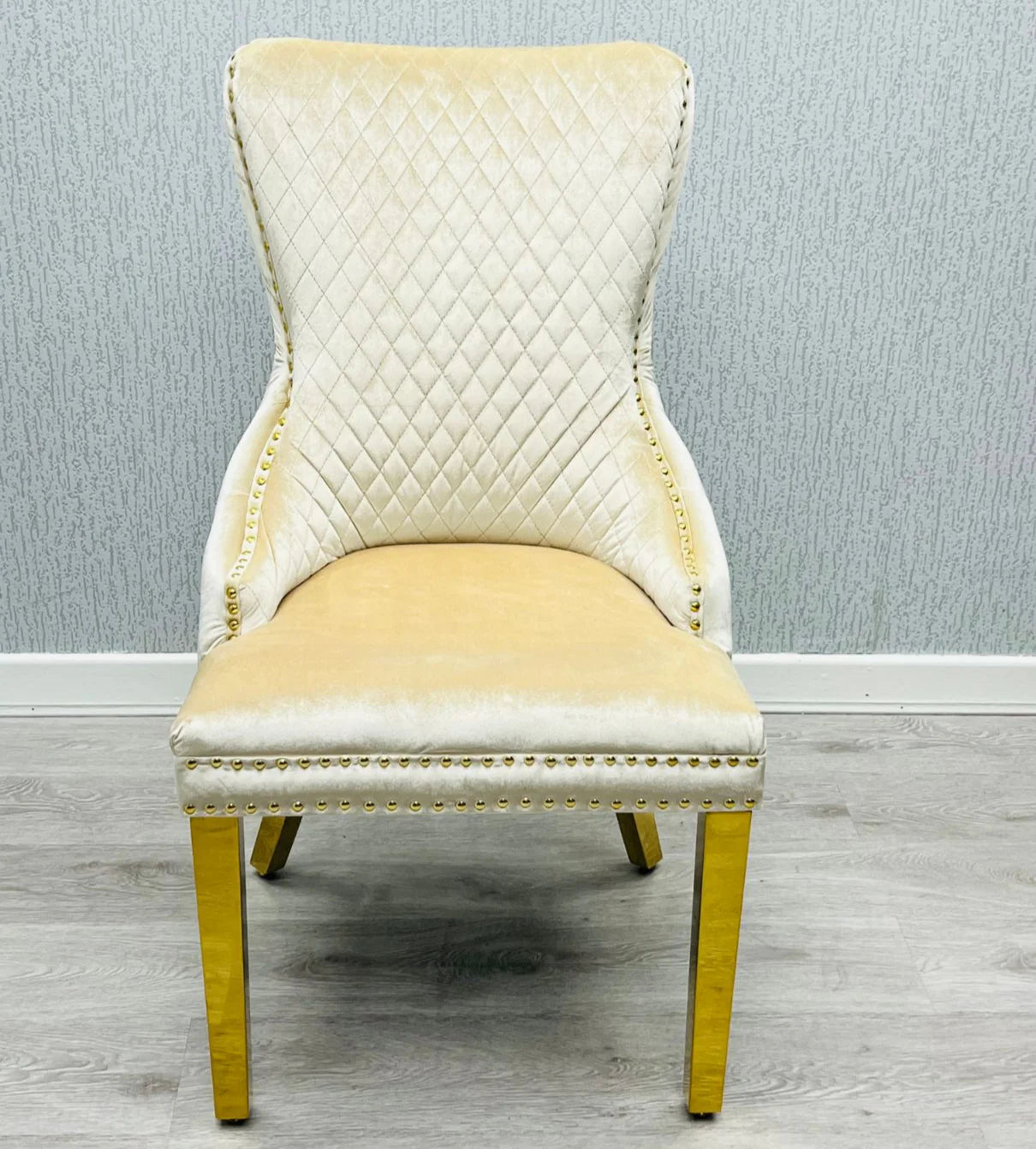 Victoria ring knocker dining chair cream and gold velvet main view luxury dining chair Solid Furniture UK